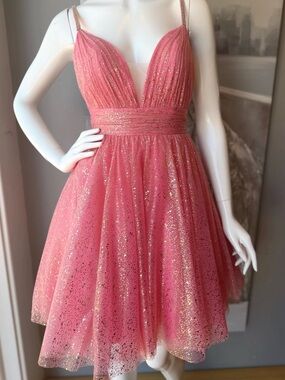 Glittering Pink Deep V Fit-and-Flare Cocktail Dress